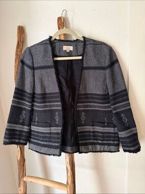 LOFT Navy and White Woven Tweed Fringe Edge Textured Open-Front Jacket LP